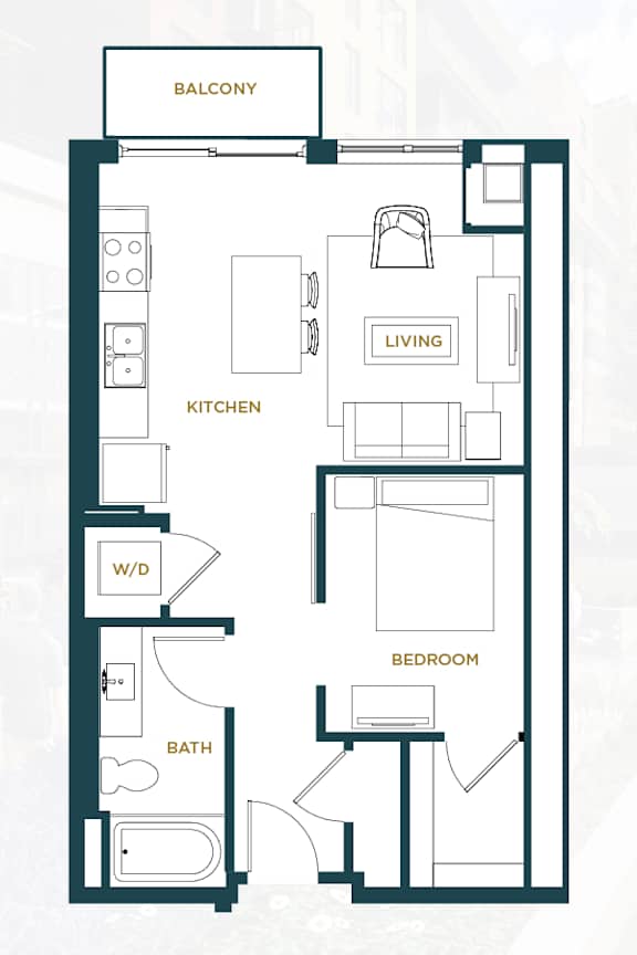 A floor plan of a small apartment with a living room, kitchen, bedroom, bathroom, and a balcony.