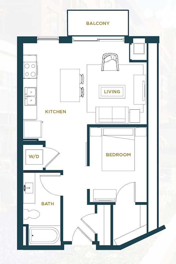 A floor plan of a small apartment with a living room, kitchen, bedroom, bathroom, and a balcony.