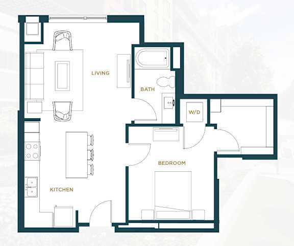 A floor plan of a house with labeled rooms including a living room, kitchen, bathroom, and bedroom.