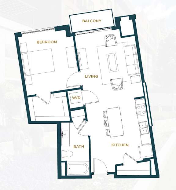 A floor plan of a house with labeled rooms such as bedroom, living, and kitchen.