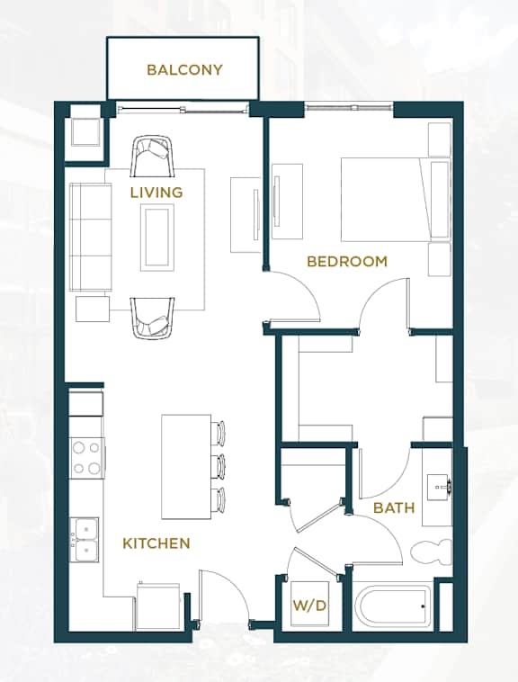 A floor plan of a balcony apartment with a living room, kitchen, bedroom, bathroom, and walk-in closet.