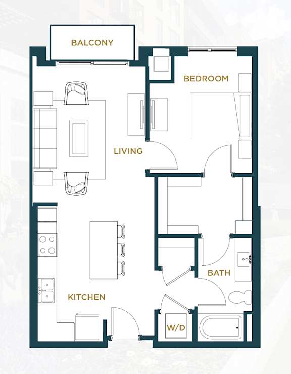 A floor plan of a small apartment with a kitchen, living room, bedroom, bathroom, and a balcony.