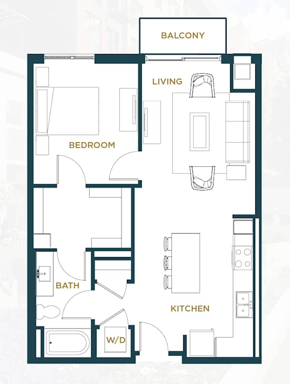 A floor plan of an apartment with a living room, bedroom, kitchen, bathroom, and a balcony.
