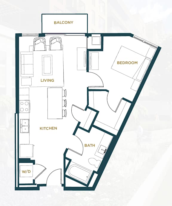 A floor plan of an apartment with a balcony, living room, kitchen, bath, and bedroom.