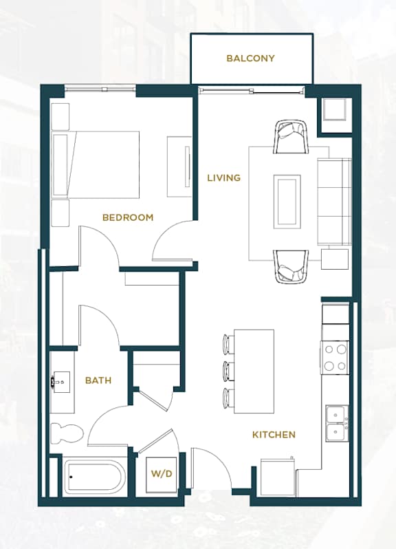 A floor plan of an apartment with a living room, bedroom, kitchen, bathroom, and a balcony.