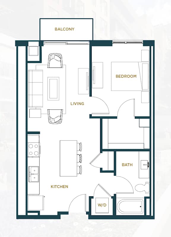 A floor plan of a small apartment with a living room, kitchen, bathroom, and bedroom.