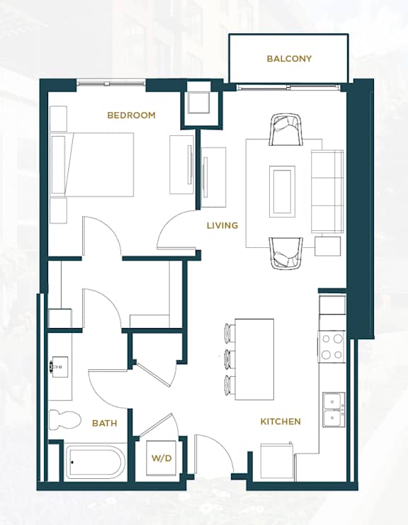 A floor plan of a small apartment with a bedroom, living room, kitchen, bathroom, and a balcony.
