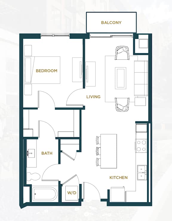 A floor plan of an apartment with a balcony, bedroom, living room, kitchen, bath, and a workspace.
