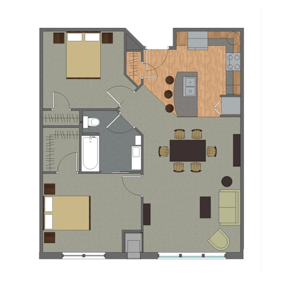 A floor plan of a house with a kitchen, living room, and dining area.
