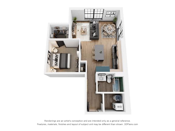 A 3D floor plan of a small apartment with a kitchen, living room, and bathroom.