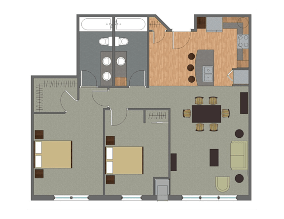 A floor plan of a building with a kitchen, living room, and two bedrooms.