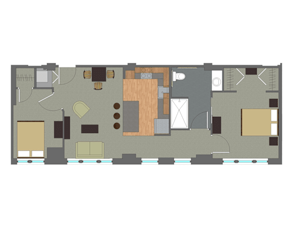 A floor plan of a house with a kitchen, living room, and two bedrooms.