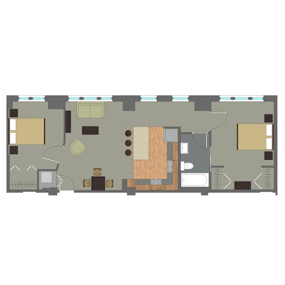 A floor plan of a house with a kitchen, living room, and two bedrooms.