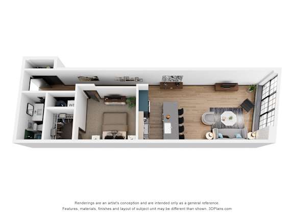 A 3D floor plan of a house with a kitchen, living room, and bathroom.