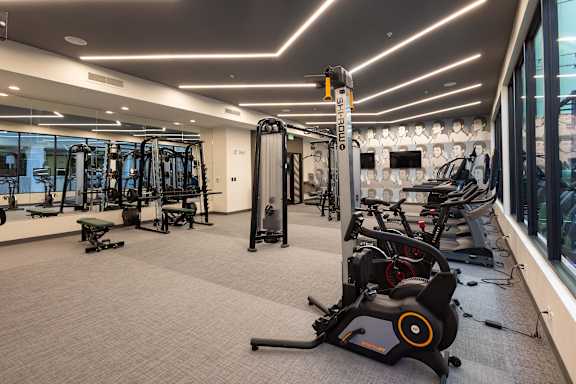 A gym with a variety of equipment including treadmills, stationary bikes, and weight machines.