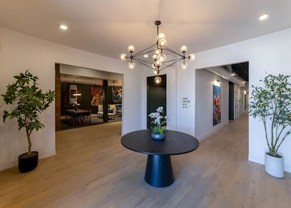 A room with a round table and a plant on the side.