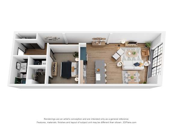 A 3D floor plan of a modern apartment with a kitchen, living room, and bedrooms.