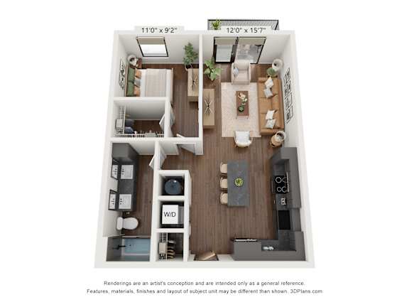 A 3D floor plan of a small apartment with a kitchen, living room, and bedroom.