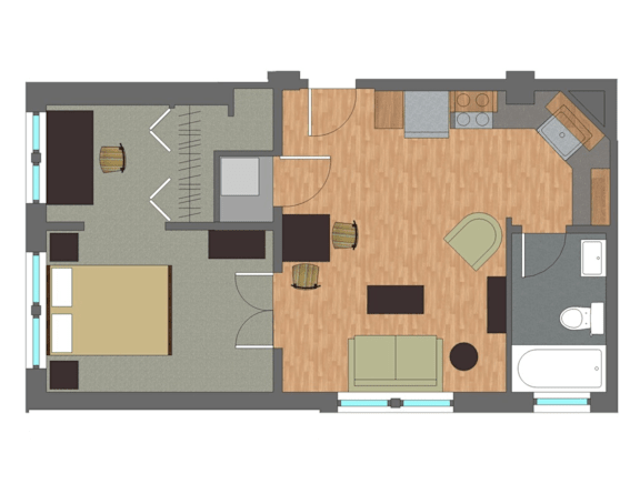 A floor plan of a house with a kitchen, living room, and bathroom.
