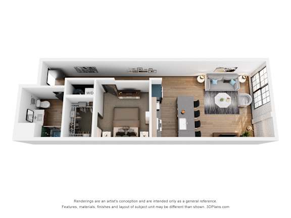 A 3D floor plan of a small apartment with a kitchen, living room, and bathroom.