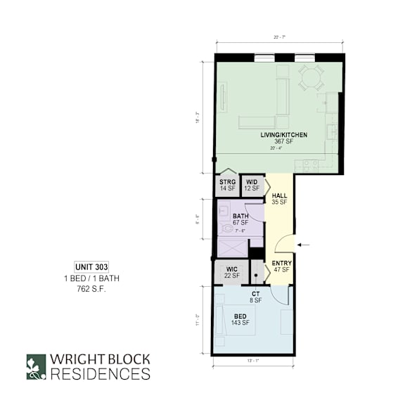 A floor plan for Wright Block Residences showing the layout of a unit with a living/kitchen area, bathroom, bedroom, and hallway.