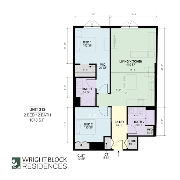 A floor plan for Unit 312 at Wright Block Residences, showing two bedrooms, two bathrooms, and a living/kitchen area.