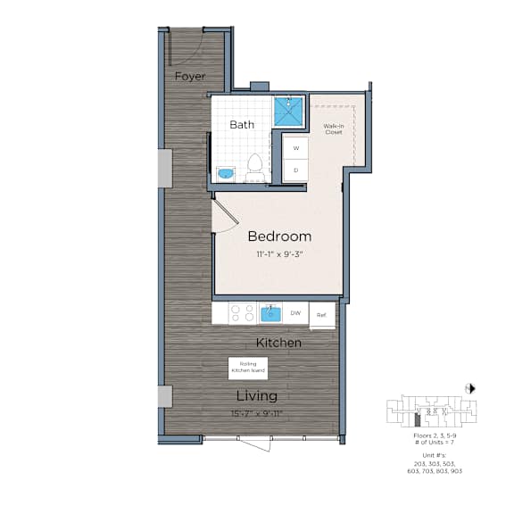A floor plan of a living space with a bedroom, bathroom, and kitchen.