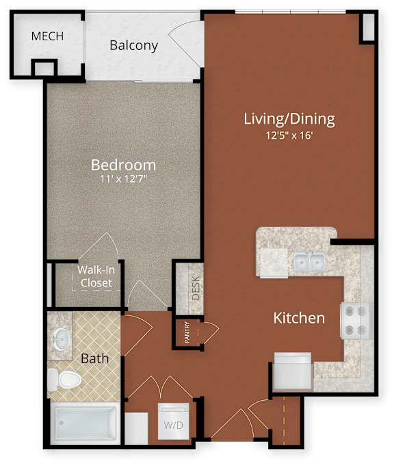 A floor plan of a home with a living/dining area, kitchen, bath, bedroom, and walk-in closet.