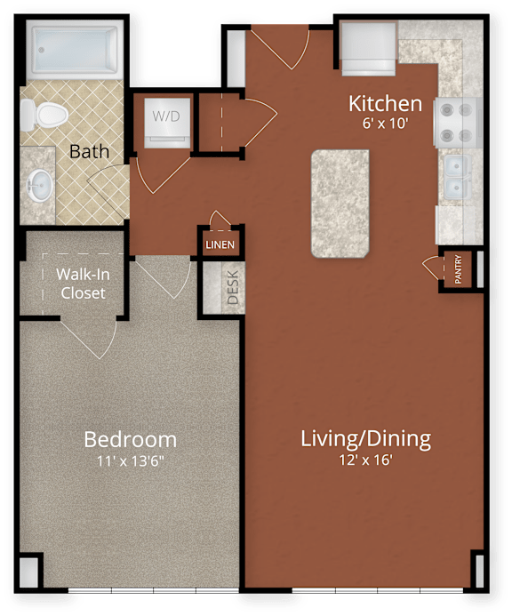 A floor plan of a house with a kitchen, living/dining area, bedroom, and bathroom.