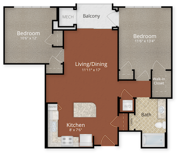 A floor plan of a home with two bedrooms, a living/dining area, a kitchen, a bath, and a walk-in closet.
