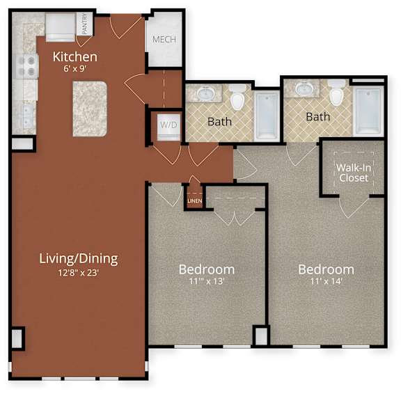 A floor plan of a house showing a kitchen, living room, two bathrooms, a walk-in closet, and two bedrooms.