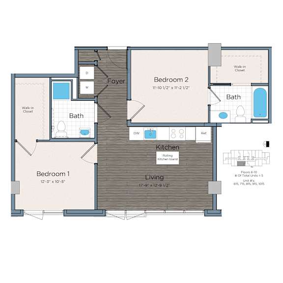 A 2 bedroom, 2 bathroom Affordable Dwelling Unit (ADU) at Lex at Waterfront Station.