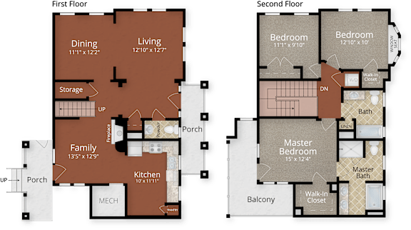 A floor plan of a two-story house with labeled rooms.