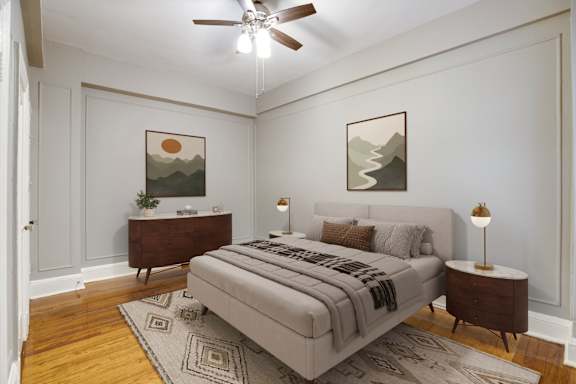 Bedroom virtually staged at The Belvedere at 1301 Massachusetts Ave, NW, Washington, DC 20005