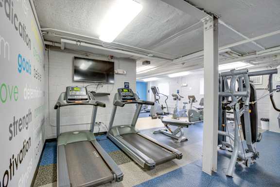 A gym with treadmills and other exercise equipment.