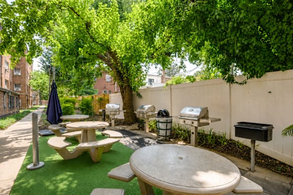 A patio with a table and chairs under a tree.