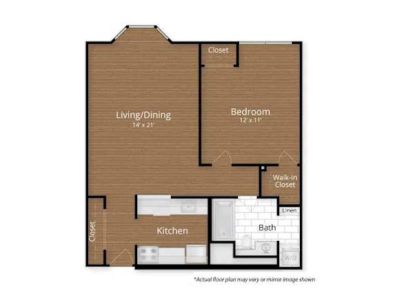 A floor plan of a room with a living/dining area, kitchen, bathroom, and bedroom.