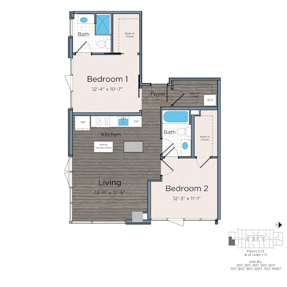 A floor plan of a two bedroom apartment with a living room in between.