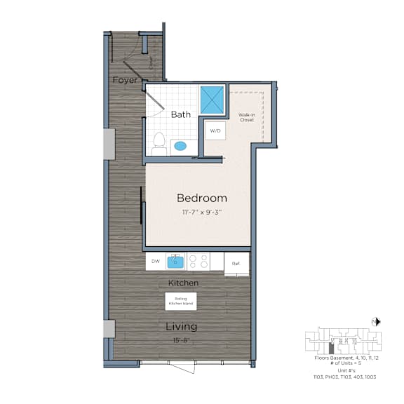 A floor plan of a small apartment with a bedroom, living room, and kitchen.