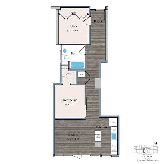 A floor plan of a house with a den, bath, bedroom, and kitchen.