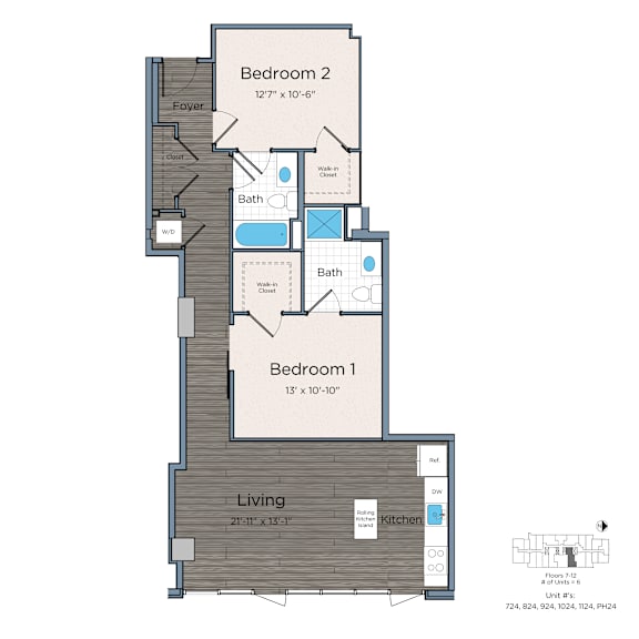 A floor plan of a two bedroom apartment with a living room and kitchen.