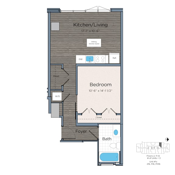 A floor plan of a kitchen/living area with a bedroom and bathroom.