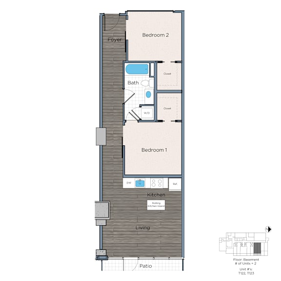 A floor plan of a house with two bedrooms, a kitchen, a bathroom, and a living room.