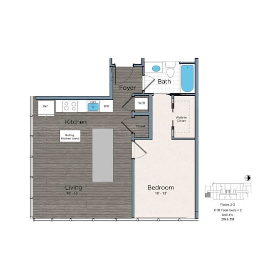 A floor plan of a small apartment with a living room, kitchen, bedroom, bathroom, and foyer.