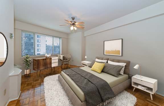 Ceiling fan in bedroom with hardwood floors at The Livingston in Chevy Chase, NW, Washington DC 20015