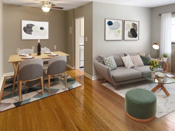 Apartment living and dining area (virtually staged)
