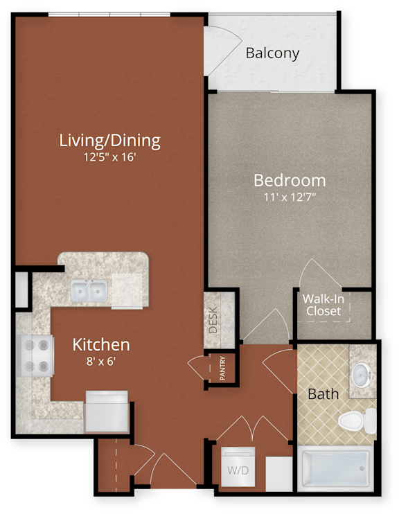 A floor plan of an apartment with a living/dining area, kitchen, bedroom, bathroom, and walk-in closet.
