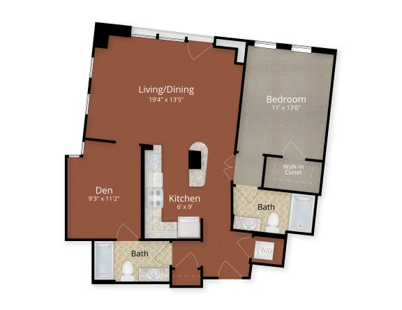 One Bedroom Two Bath Floor Plan at Park Place at Petworth, Washington