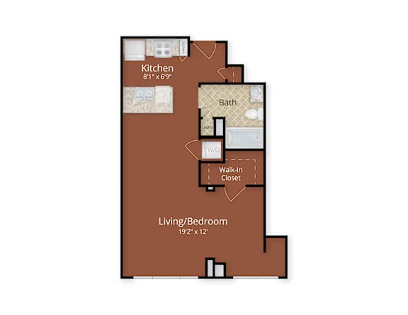 A floor plan of a home with a kitchen, bath, and living/bedroom area.