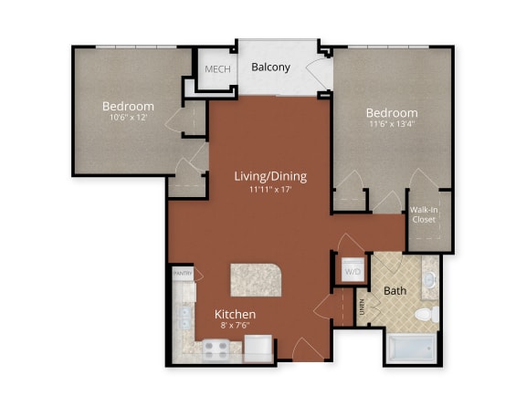 Two Bedroom One Bath Floor Plan at Park Place at Petworth, Washington, District of Columbia